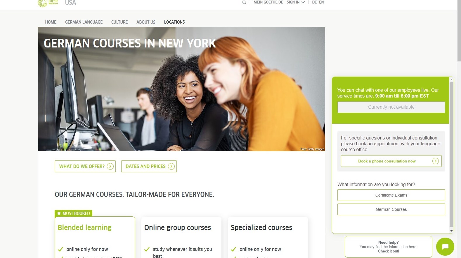 Axure-Prototyp: Chatbot-Fenster auf der Website des Goethe-Instituts USA