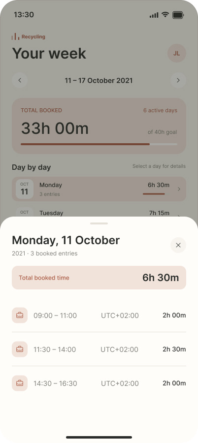 App-Ansicht: Buchungsdetails eines Tages